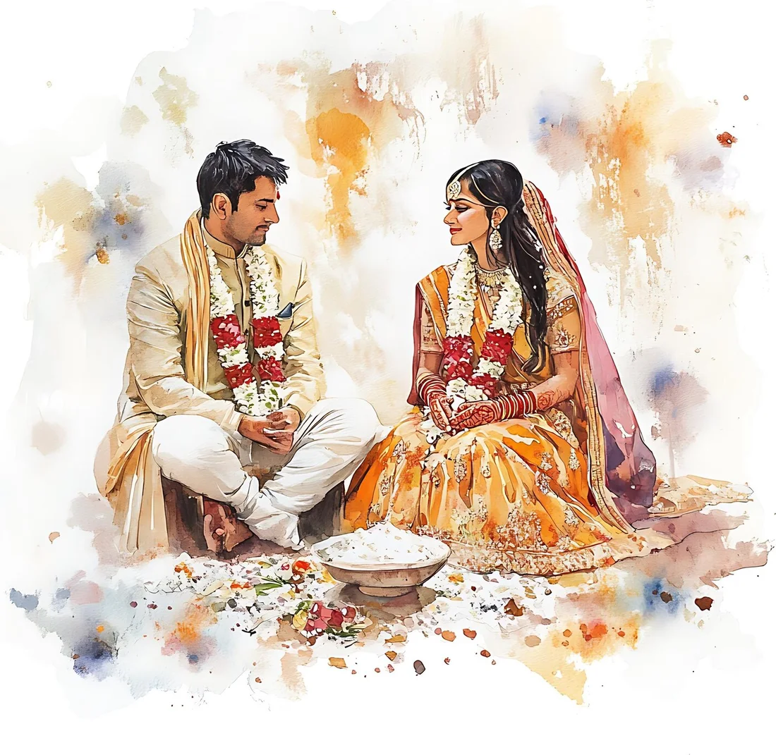 Watercolour illustration of a bride and groom in traditional Indian wedding attire, seated together.